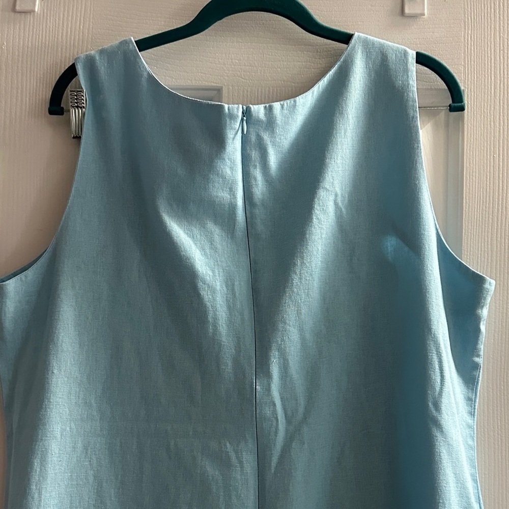 Vintage Scoop Neck Linen Blend Blue Sheath Midi Dress Sleeveless Tulips  XL - Picture 4 of 9